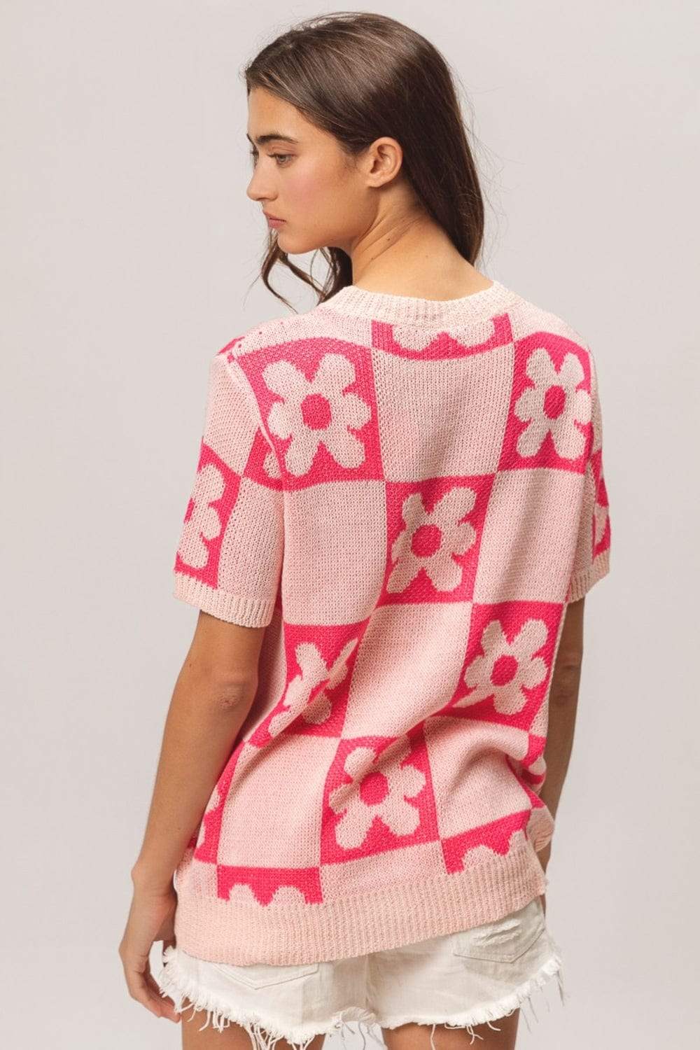 BiBi Flower Checker Pattern Short Sleeve Sweater - Trendsi - Flyclothing LLC