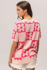 BiBi Flower Checker Pattern Short Sleeve Sweater - Trendsi - Flyclothing LLC