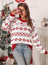 Perfee Contrast Geometric Round Neck Long Sleeve Sweater - Trendsi - Flyclothing LLC