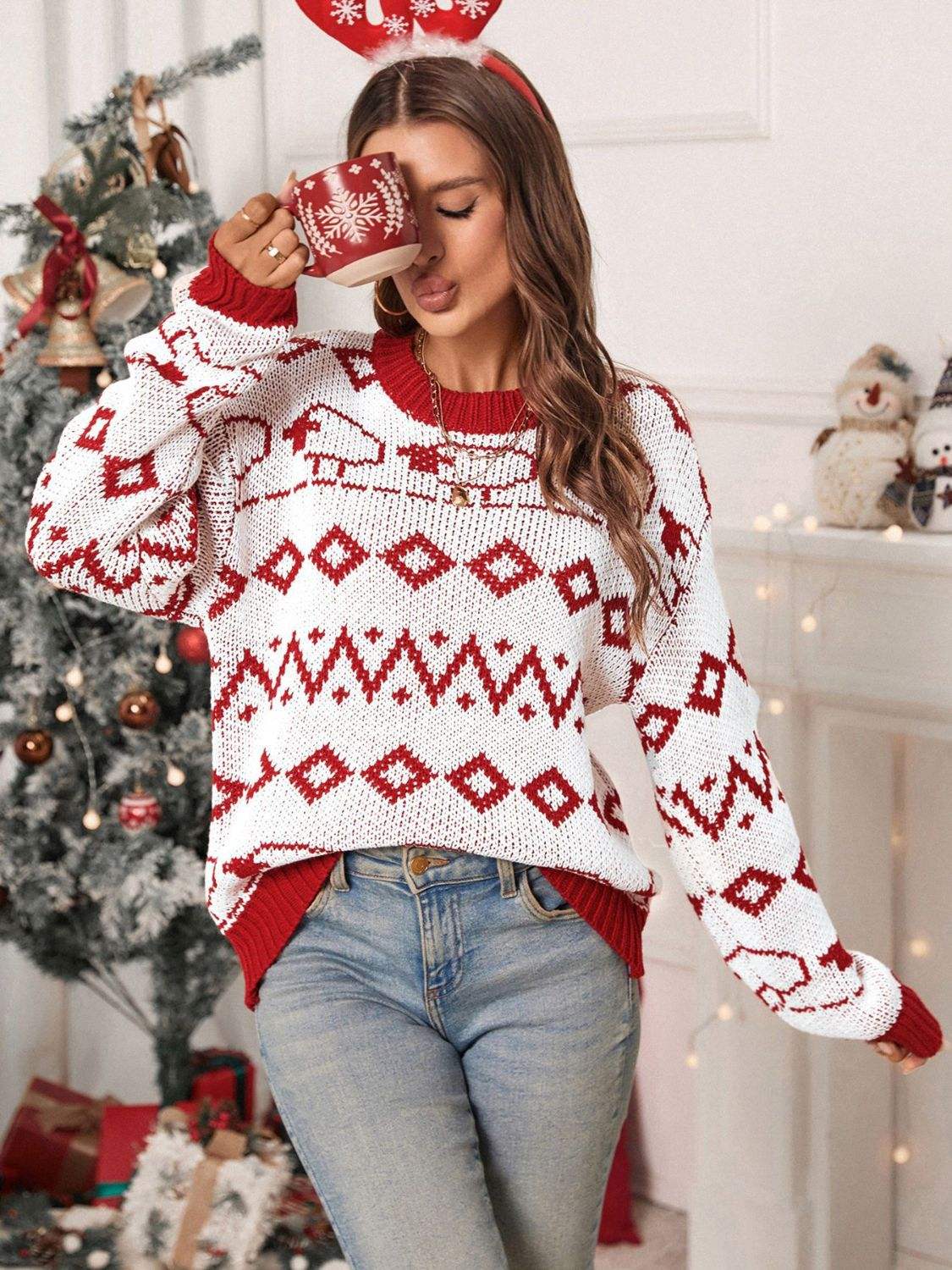 Perfee Contrast Geometric Round Neck Long Sleeve Sweater - Trendsi - Flyclothing LLC