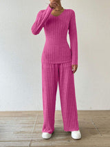 Ribbed V-Neck Long Sleeve Top and Pocketed Pants Set - Trendsi - Flyclothing LLC