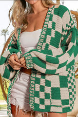 Checkered Open Front Long Sleeve Cardigan - Trendsi - Flyclothing LLC