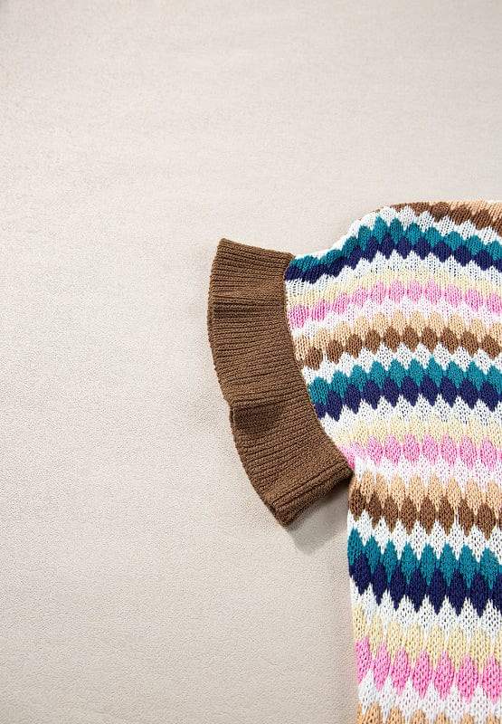 Contrast Round Neck Short Sleeve Sweater - Trendsi - Flyclothing LLC