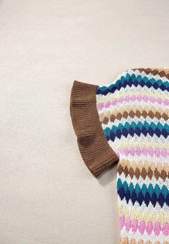 Contrast Round Neck Short Sleeve Sweater - Trendsi - Flyclothing LLC