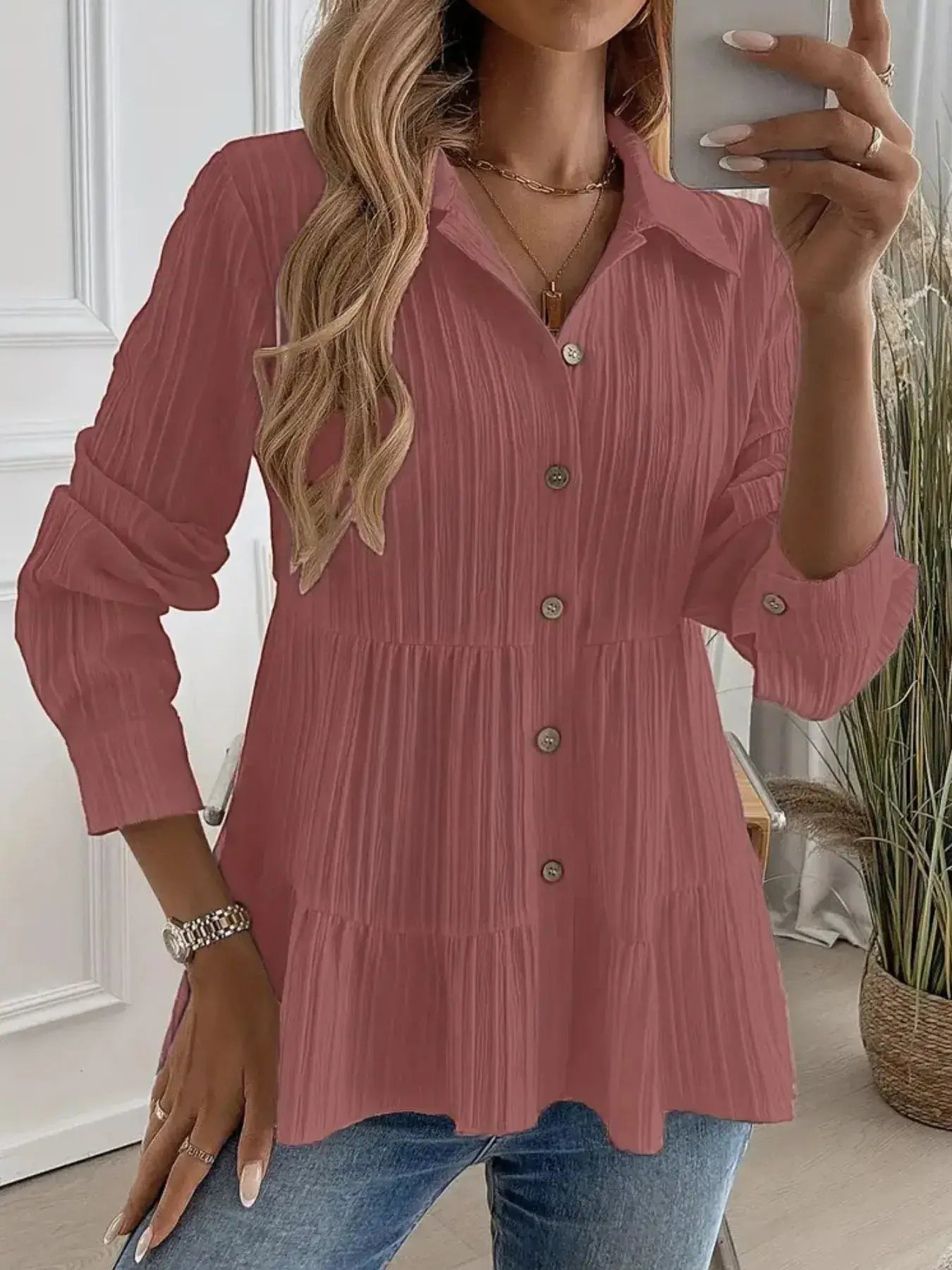 Striped Button-Down Tiered Shirt - Trendsi - Flyclothing LLC