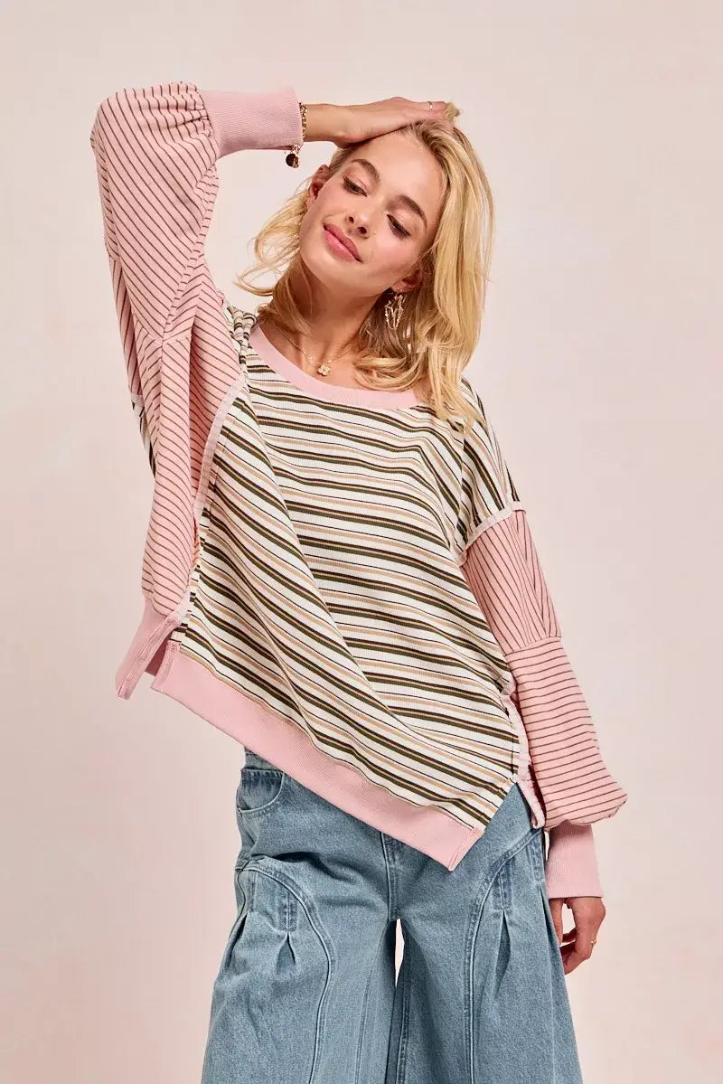 BiBi Stripe Mixed Top With Cut Edge And Reverse Outseam - Trendsi - Flyclothing LLC
