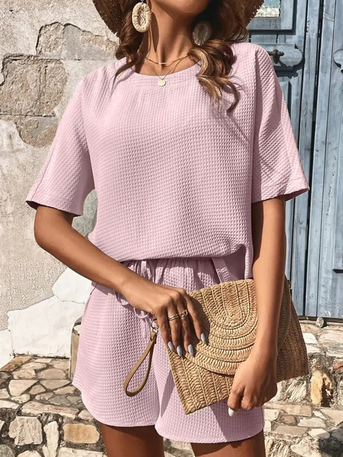 Waffle-Knit Half Sleeve Top and Shorts Set - Trendsi - Flyclothing LLC
