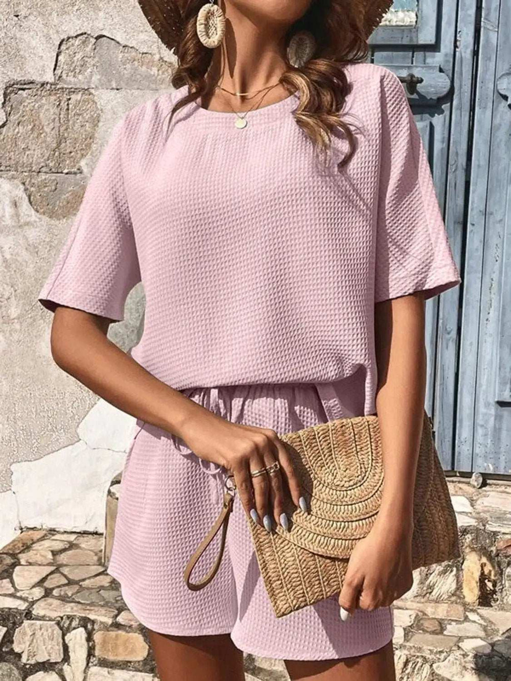 Waffle-Knit Half Sleeve Top and Shorts Set - Trendsi - Flyclothing LLC