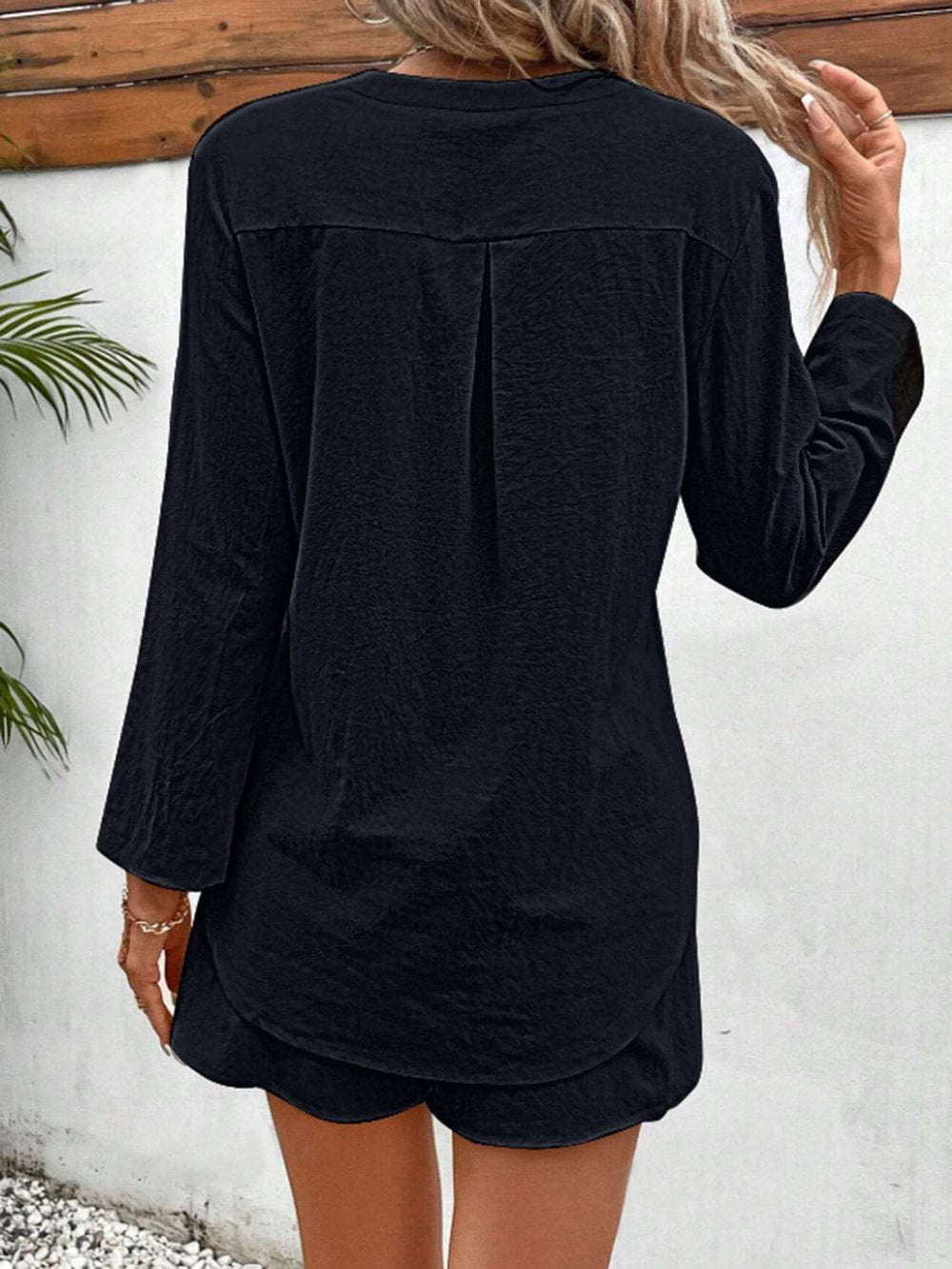 Notched Long Sleeve Top and Shorts Set - Trendsi - Flyclothing LLC