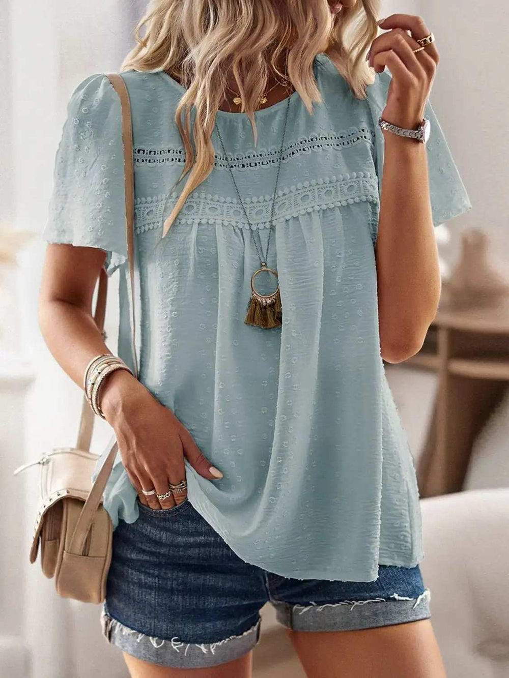 Lace Detail Round Neck Short Sleeve Blouse - Trendsi - Flyclothing LLC