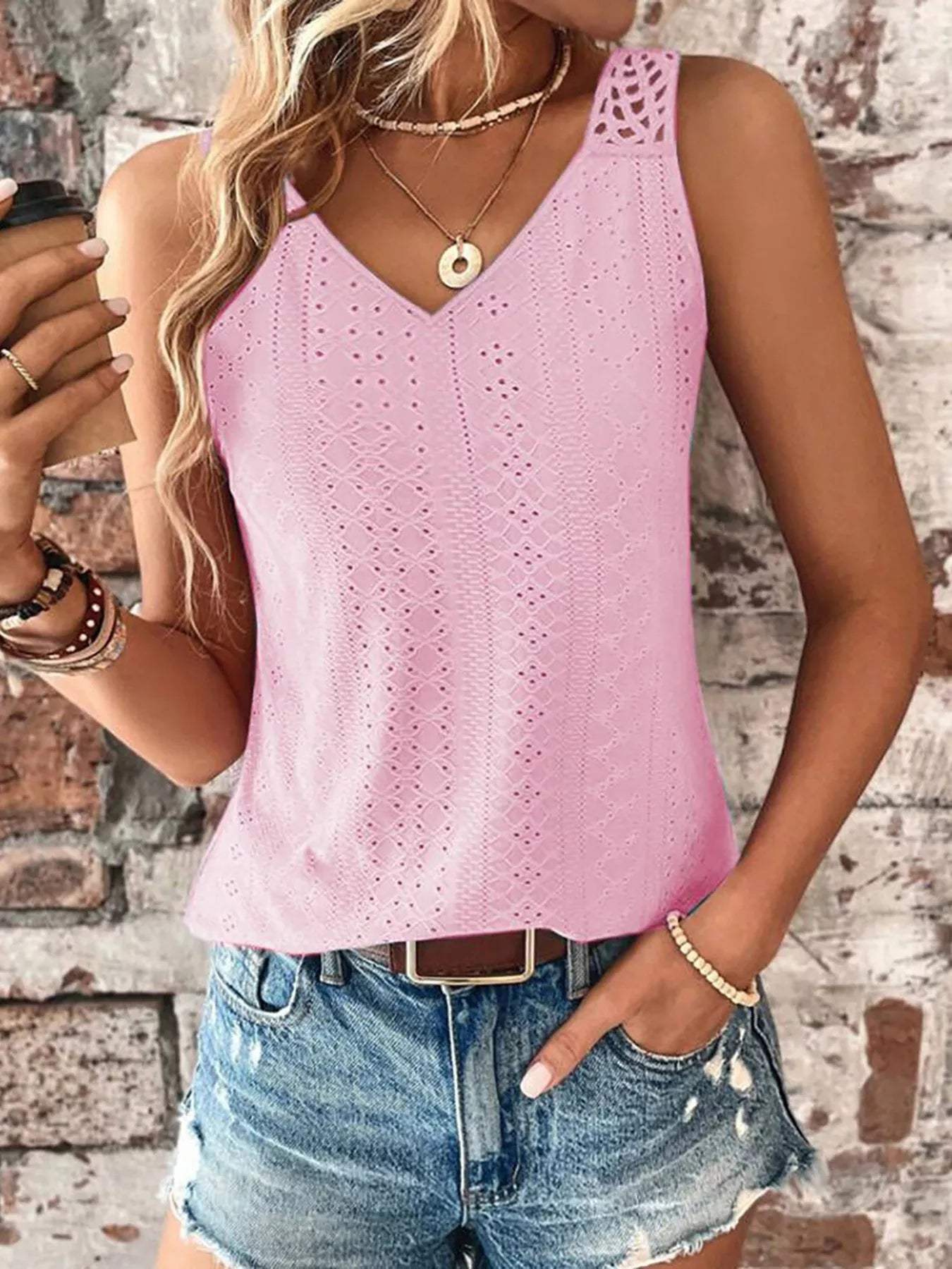 Eyelet Lace Trim V-Neck Tank Top - Trendsi - Flyclothing LLC
