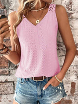 Eyelet Lace Trim V-Neck Tank Top - Trendsi - Flyclothing LLC
