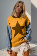 Double Take Full Size Star Pattern Raw Edge Long Sleeve Sweater - Trendsi - Flyclothing LLC