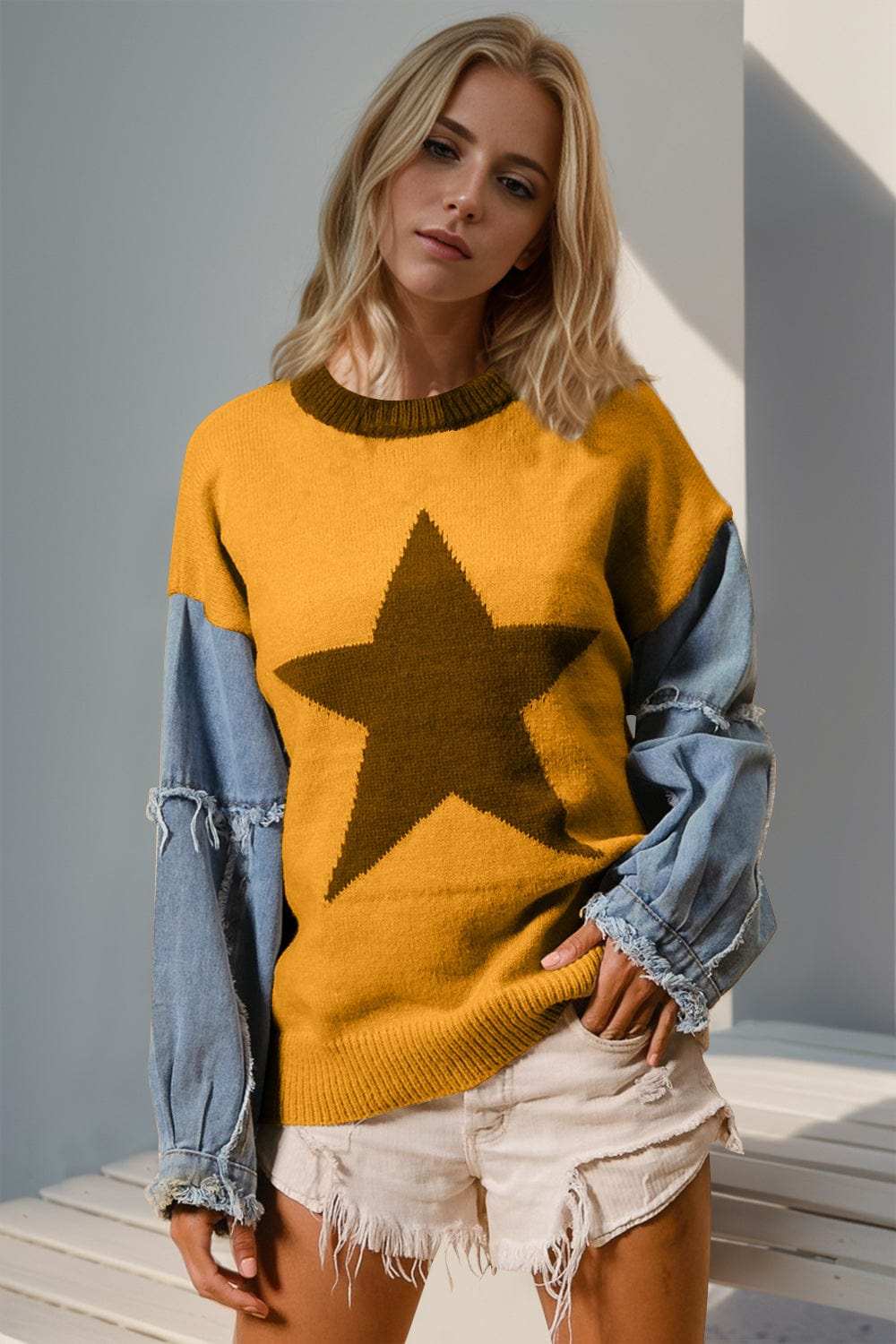Double Take Full Size Star Pattern Raw Edge Long Sleeve Sweater - Trendsi - Flyclothing LLC