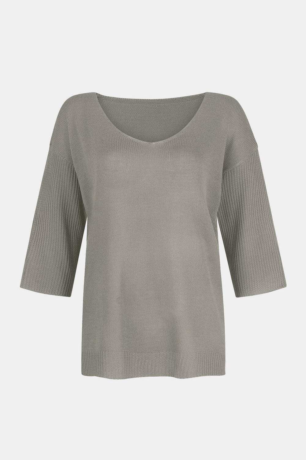 V-Neck Three-Quarter Sleeve Knit Top - Trendsi - Flyclothing LLC