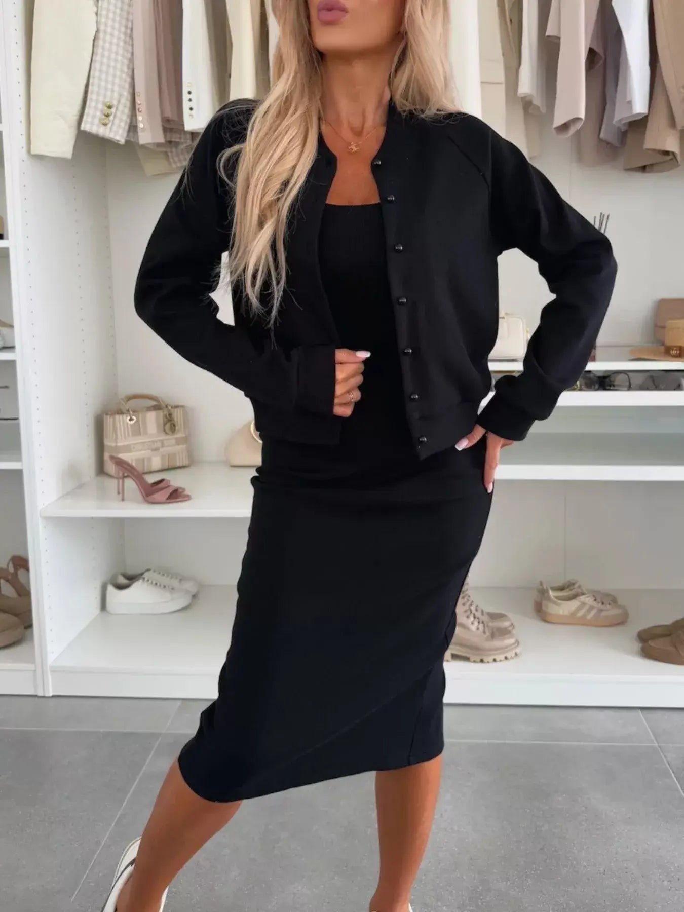 Full Size Slit Square Neck Dress and Outerwear Set Plus Size - Trendsi - Flyclothing LLC