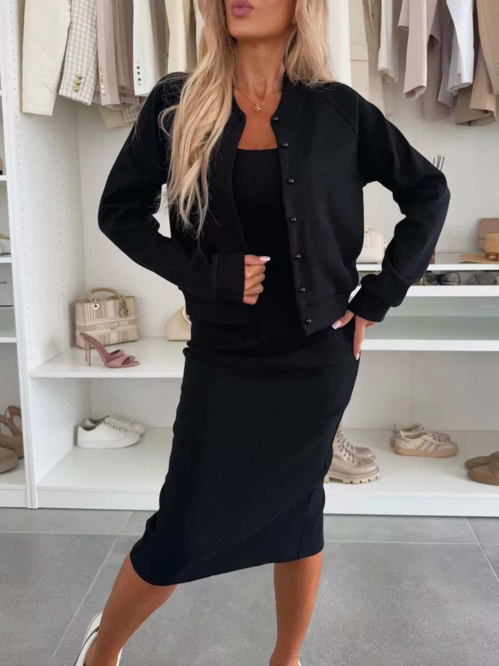 Full Size Slit Square Neck Dress and Outerwear Set Plus Size - Trendsi - Flyclothing LLC