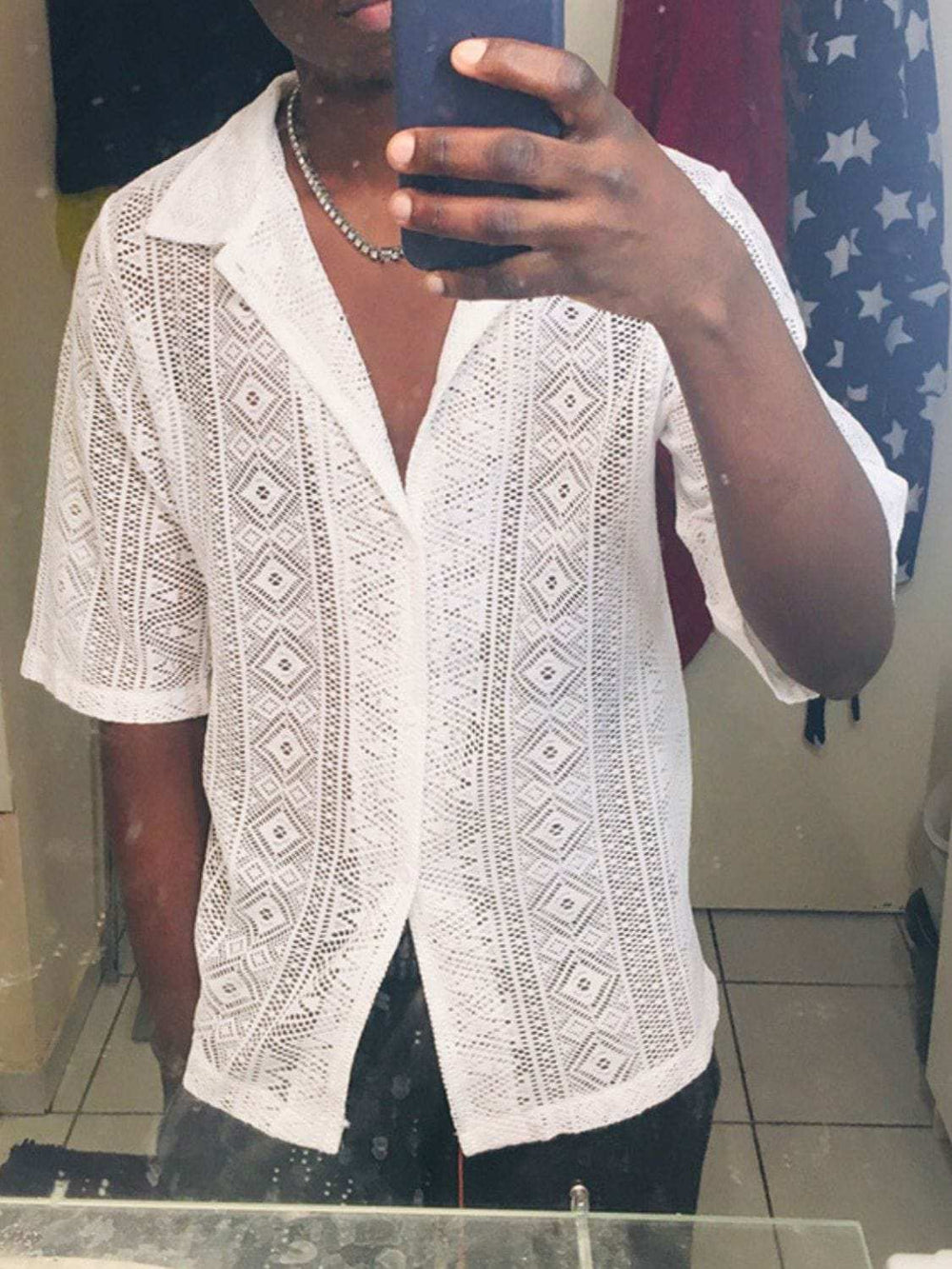 Men's Full Size Lace Half Sleeve Button Down Shirt Plus Size - Trendsi - Flyclothing LLC