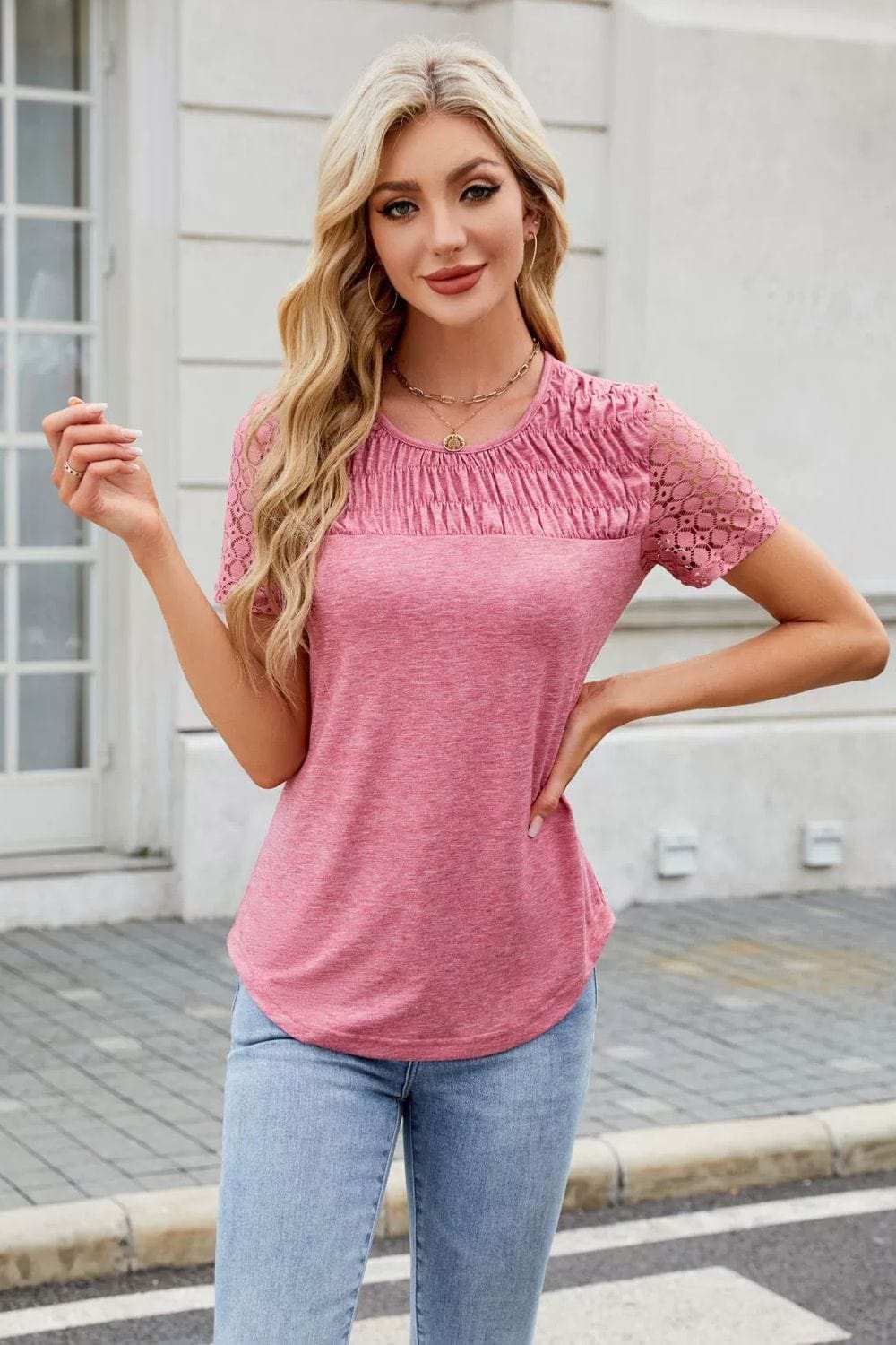 Smocked Round Neck Short Sleeve T-Shirt - Trendsi - Flyclothing LLC