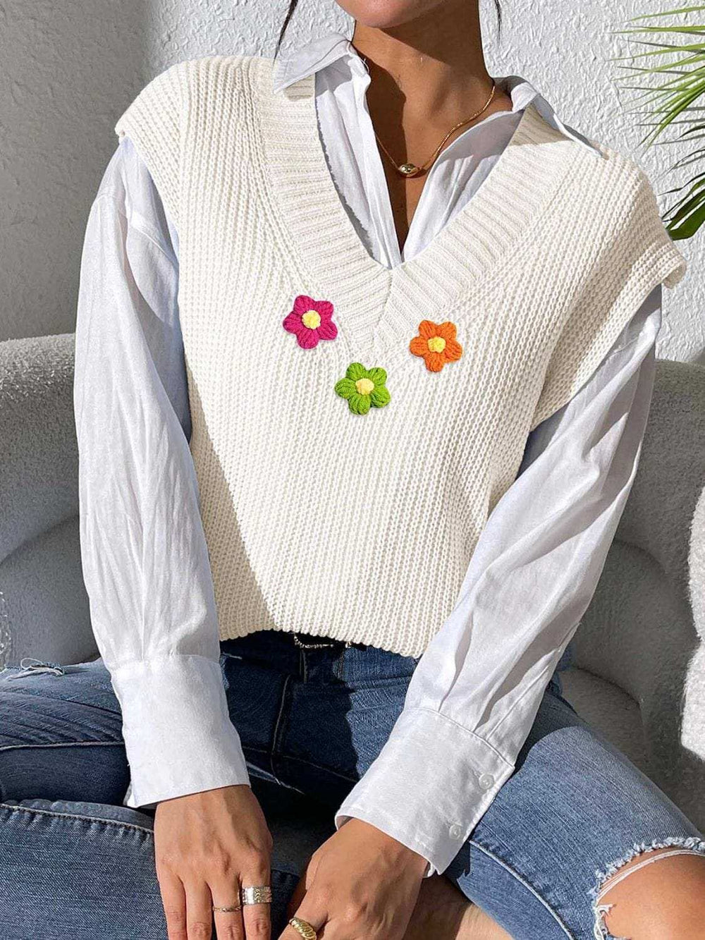 Flower V-Neck Sweater Vest - Trendsi - Flyclothing LLC