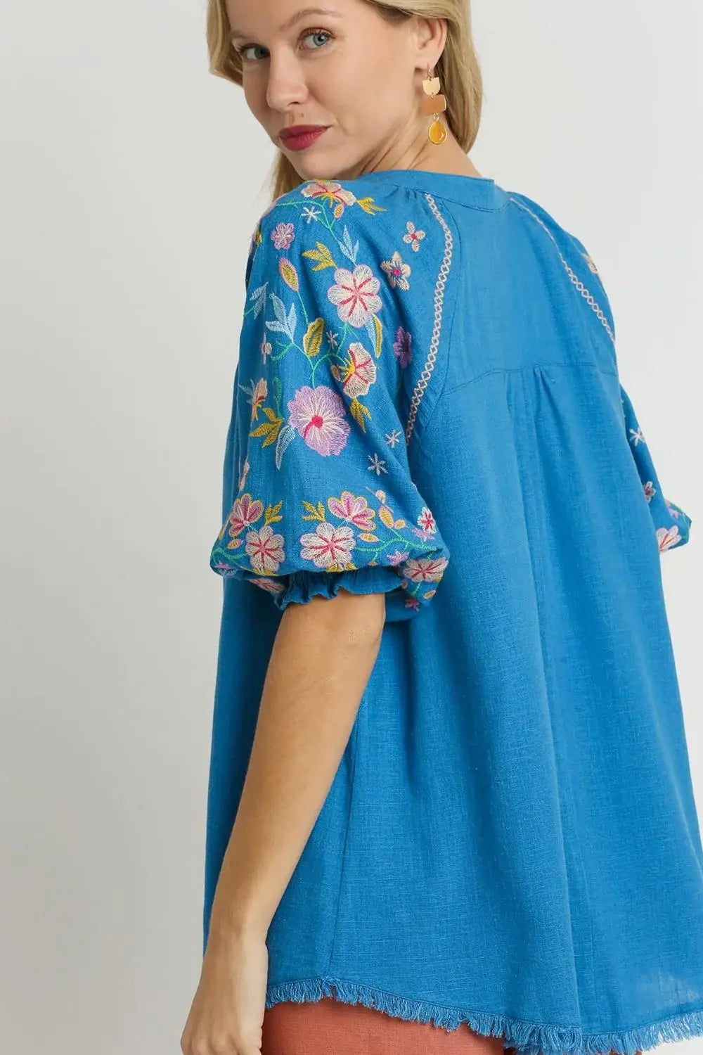 Umgee Full Size Half Button Top with Embroidery Sleeves Plus Size - Trendsi - Flyclothing LLC