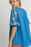 Umgee Full Size Half Button Top with Embroidery Sleeves Plus Size - Trendsi