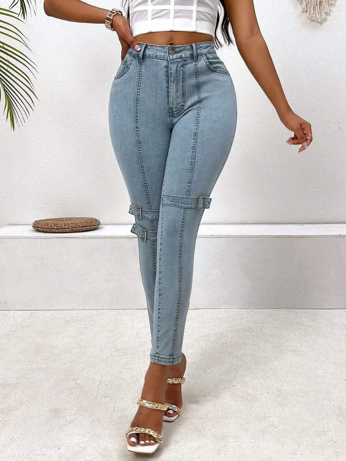 Decorative Buckle Skinny Jeans with Pockets - Trendsi - Flyclothing LLC