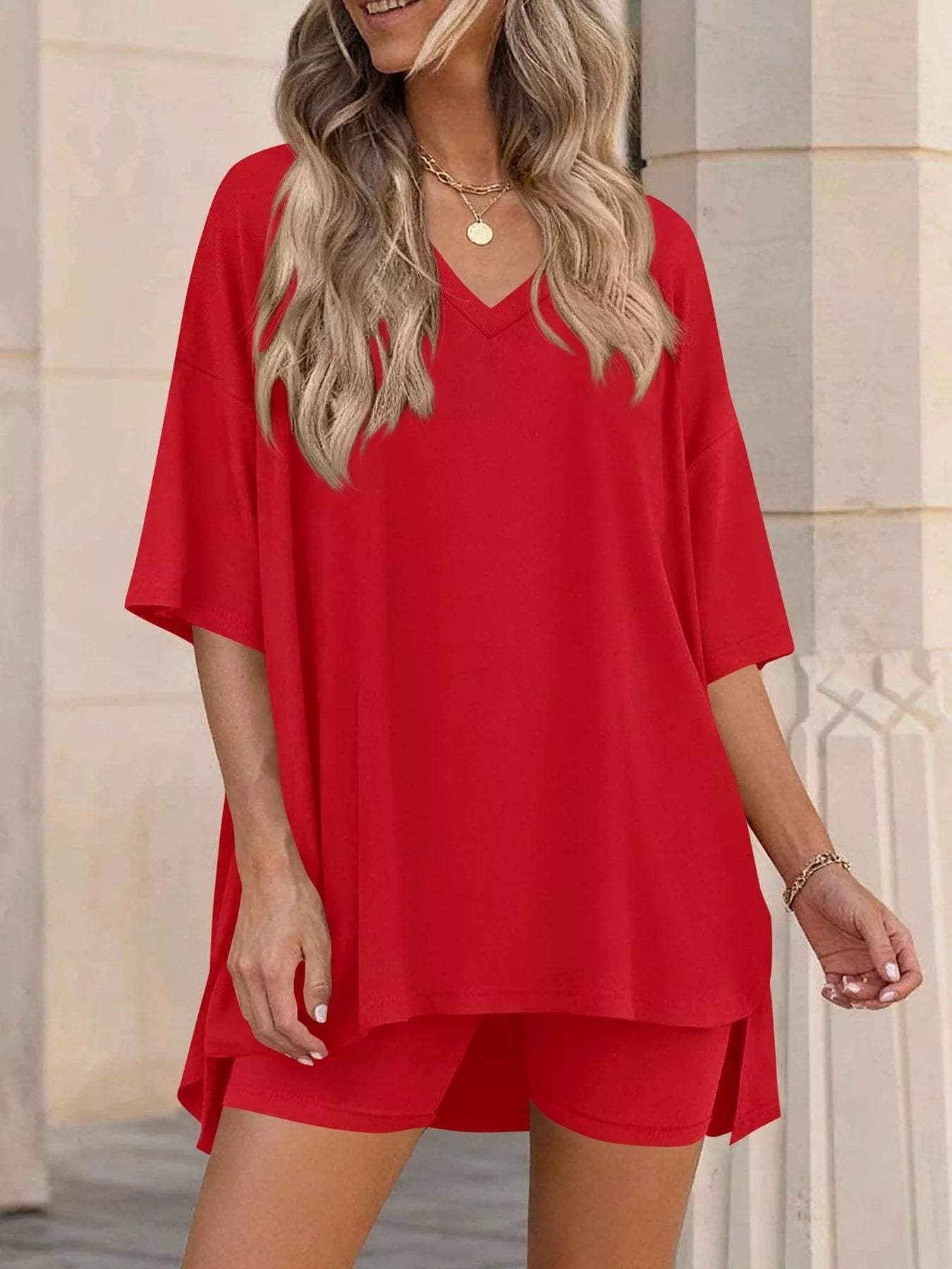 Full Size Casual Loose V-Neck T-Shirt & Shorts Set Plus Size - Trendsi - Flyclothing LLC