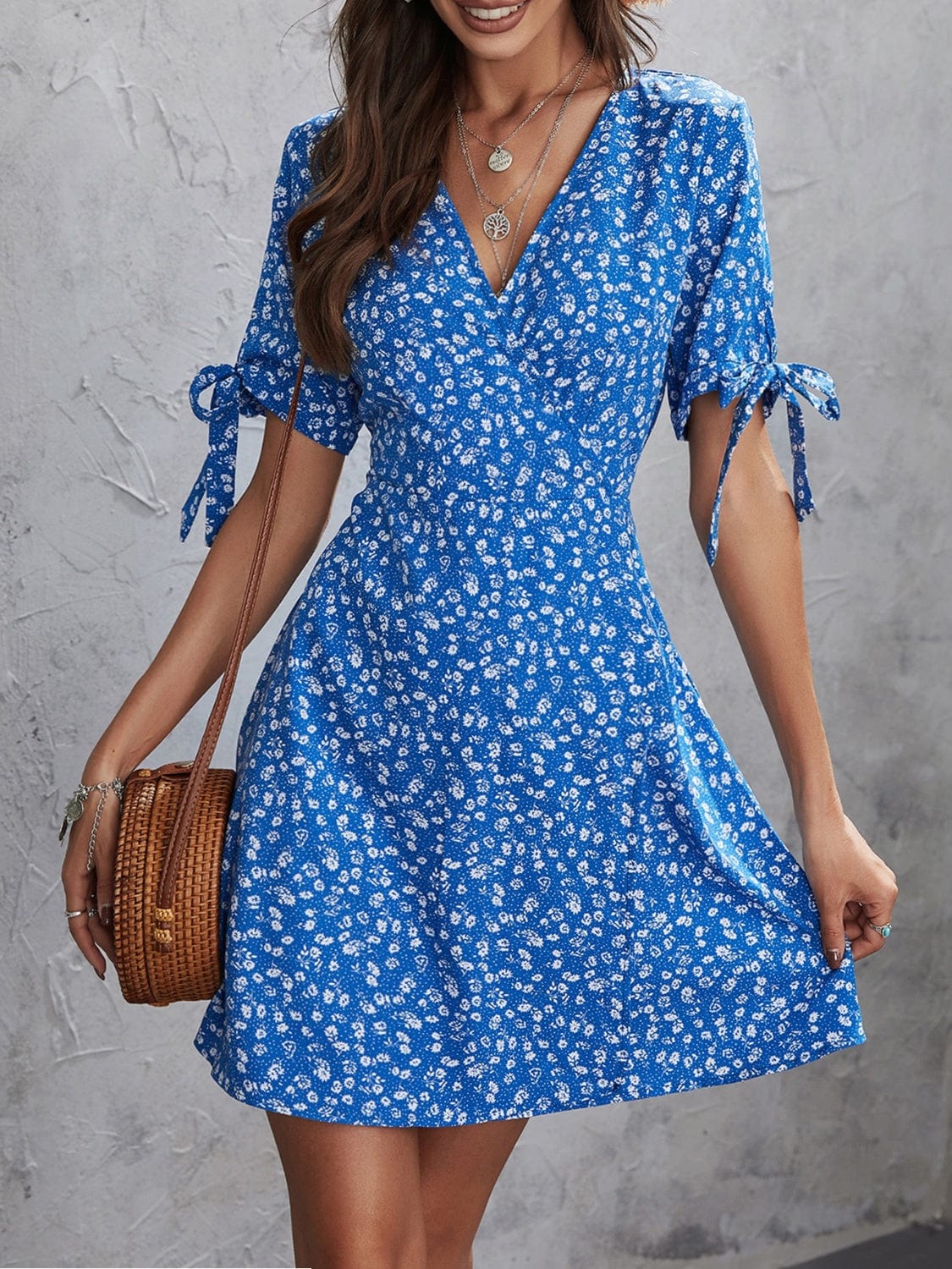 Honey Printed Surplice Short Sleeve Mini Dress - Trendsi
