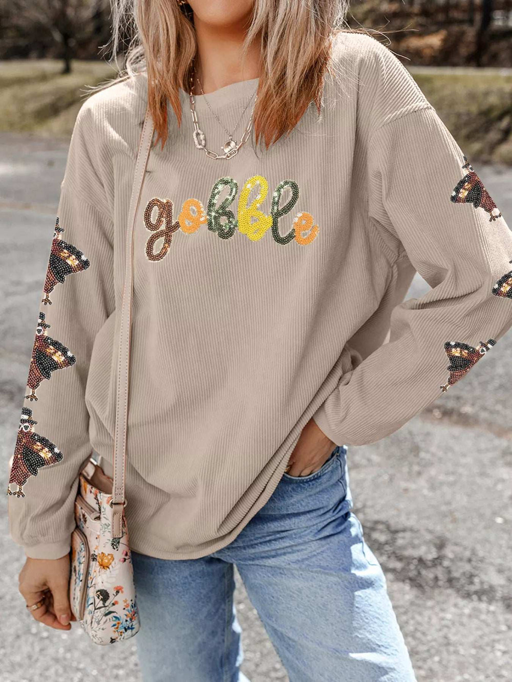 Gobble Corded Ribbed Thanksgiving Turkey Sequin Patched Sleeve Sweatshirt - Trendsi - Flyclothing LLC