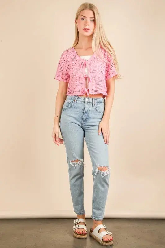 VERY J Front Tie Crochet Crop Top - Trendsi - Flyclothing LLC