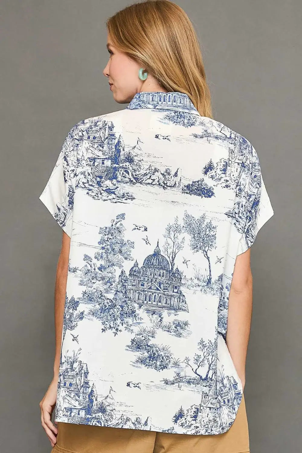Umgee Full Size Two Tone Print Button Up Short Sleeve Shirt Plus Size - Trendsi - Flyclothing LLC