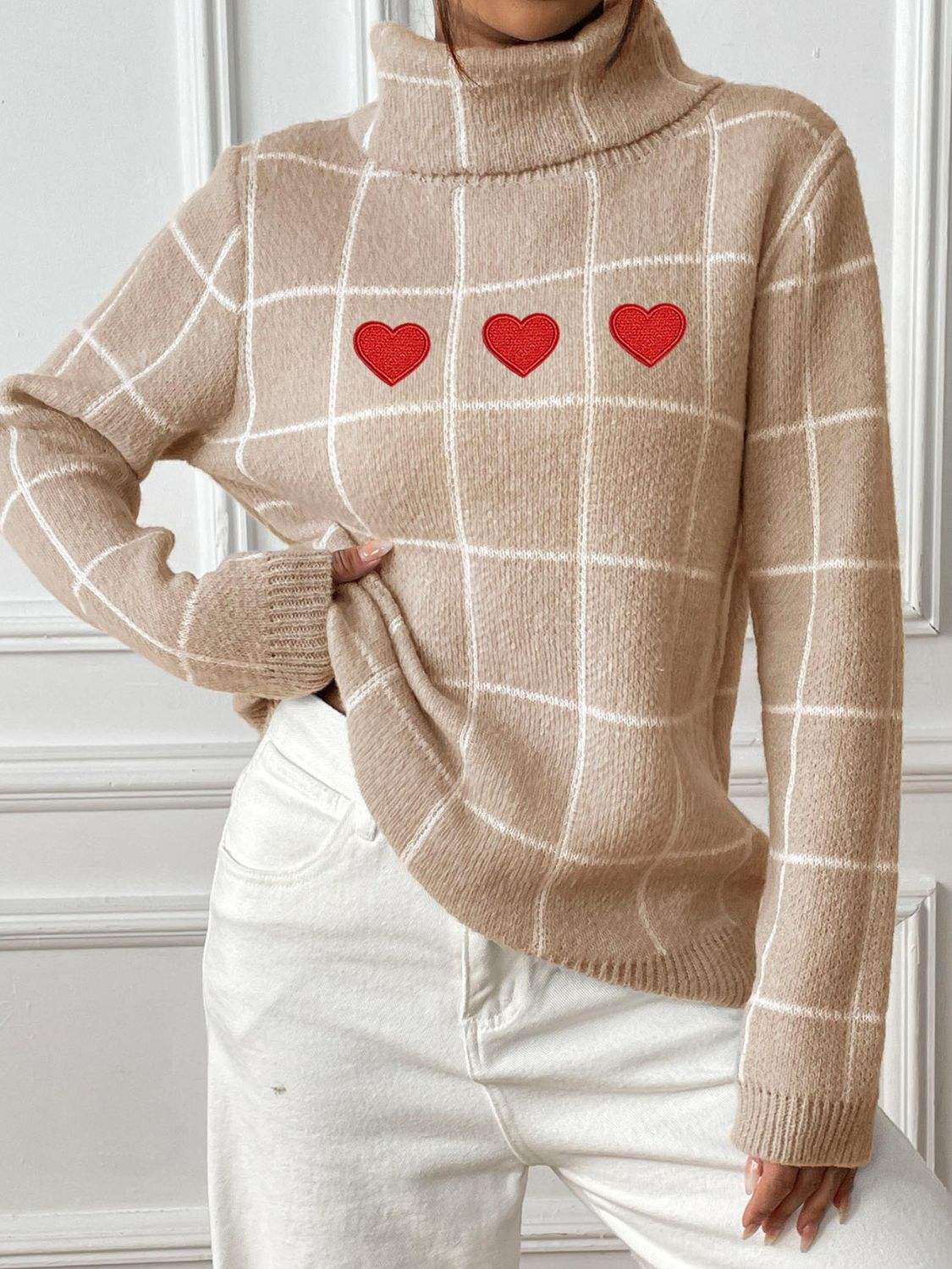 Heart Plaid Turtleneck Long Sleeve Sweater - Trendsi - Flyclothing LLC