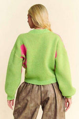 Davi & Dani Flower Contrast Round Neck Long Sleeve Cardigan - Trendsi - Flyclothing LLC