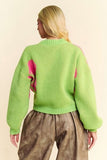 Davi & Dani Flower Contrast Round Neck Long Sleeve Cardigan - Trendsi