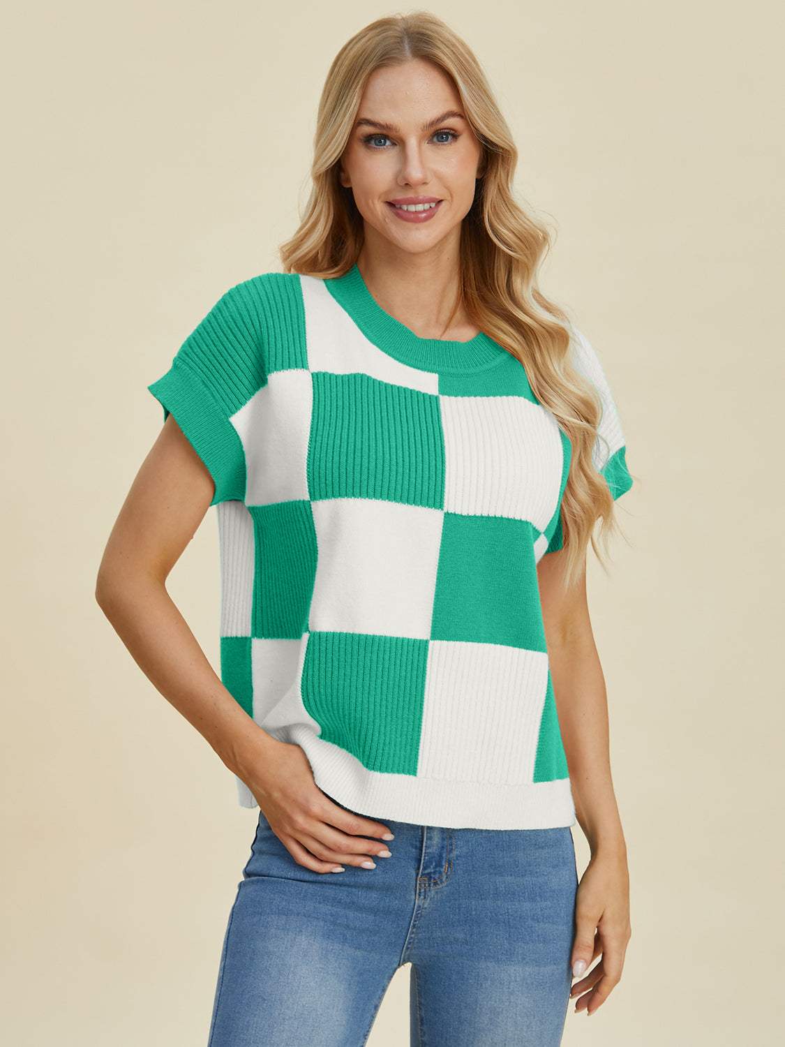 Double Take Full Size Checkered Round Neck Short Sleeve Sweater - Trendsi - Flyclothing LLC