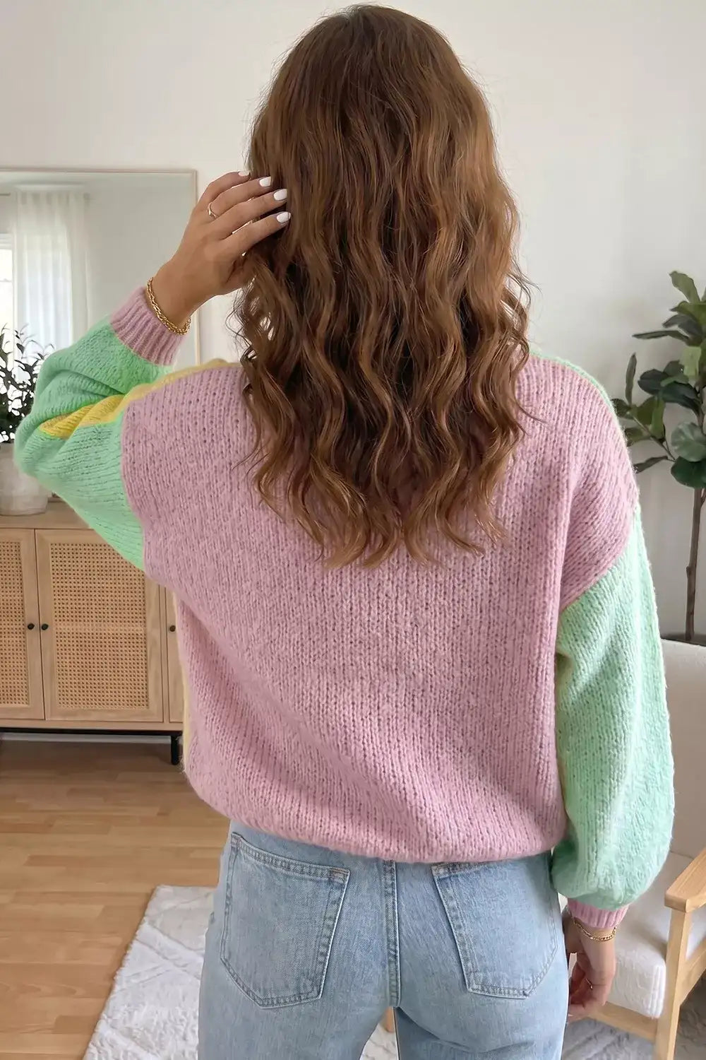 V Neck Drop Shoulder Patchwork Regular Wash Knitwear Cardigan - Trendsi - Flyclothing LLC