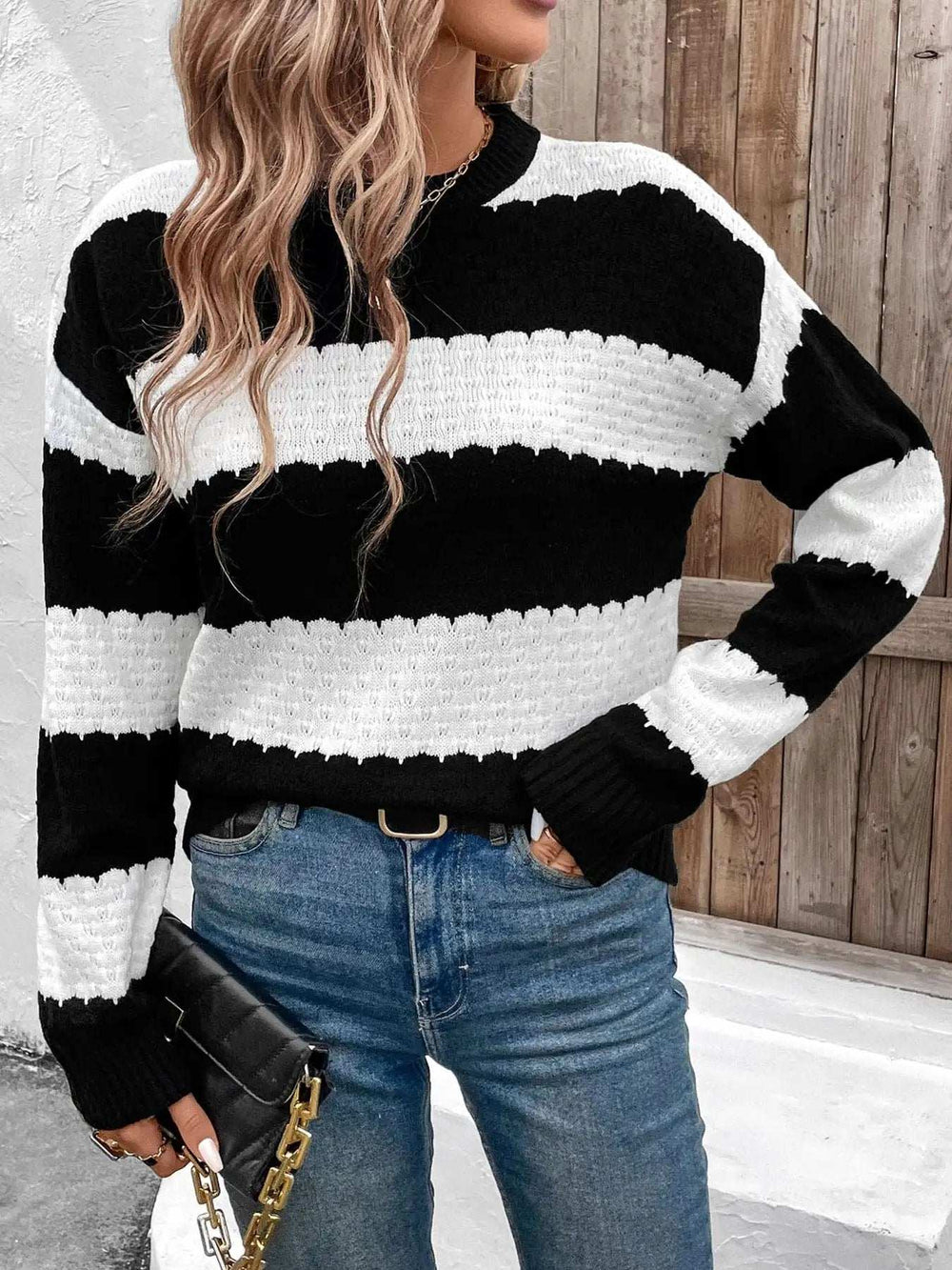 Striped Round Neck Long Sleeve Sweater - Trendsi - Flyclothing LLC