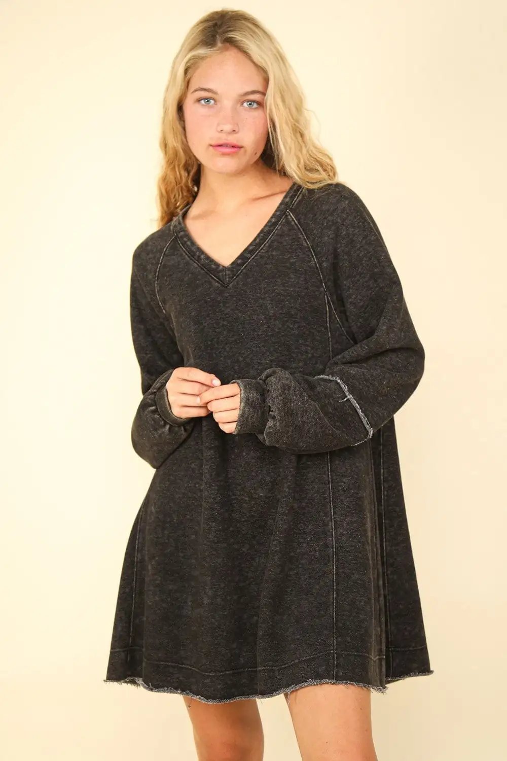 VERY J Mineral Washed Oversized A-Line Mini Dress - Trendsi