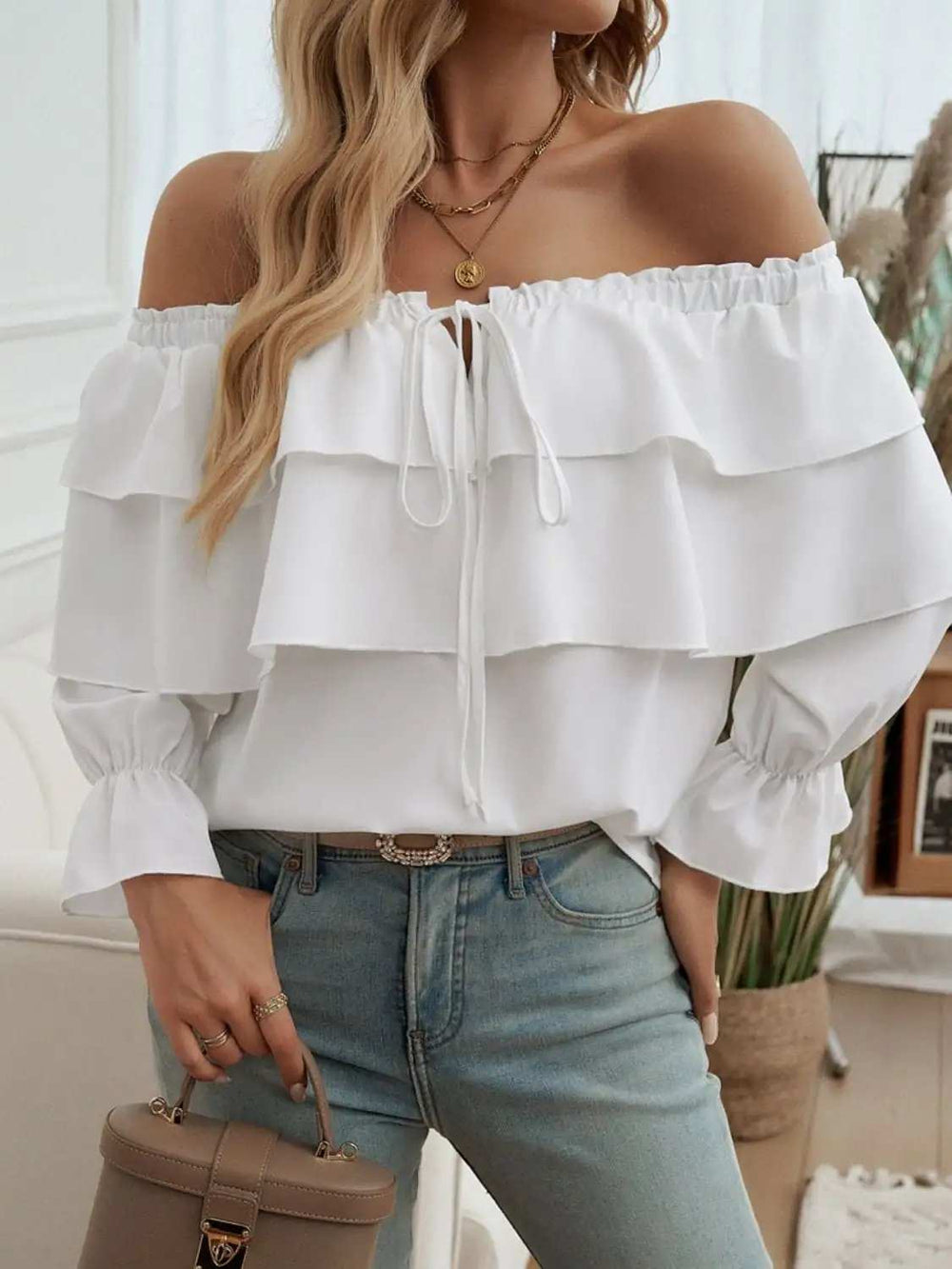 Off-Shoulder Flounce Sleeve Blouse - Trendsi - Flyclothing LLC