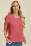 Double Take Full Size Cable-Knit Round Neck Short Sleeve Sweater - Trendsi - Flyclothing LLC