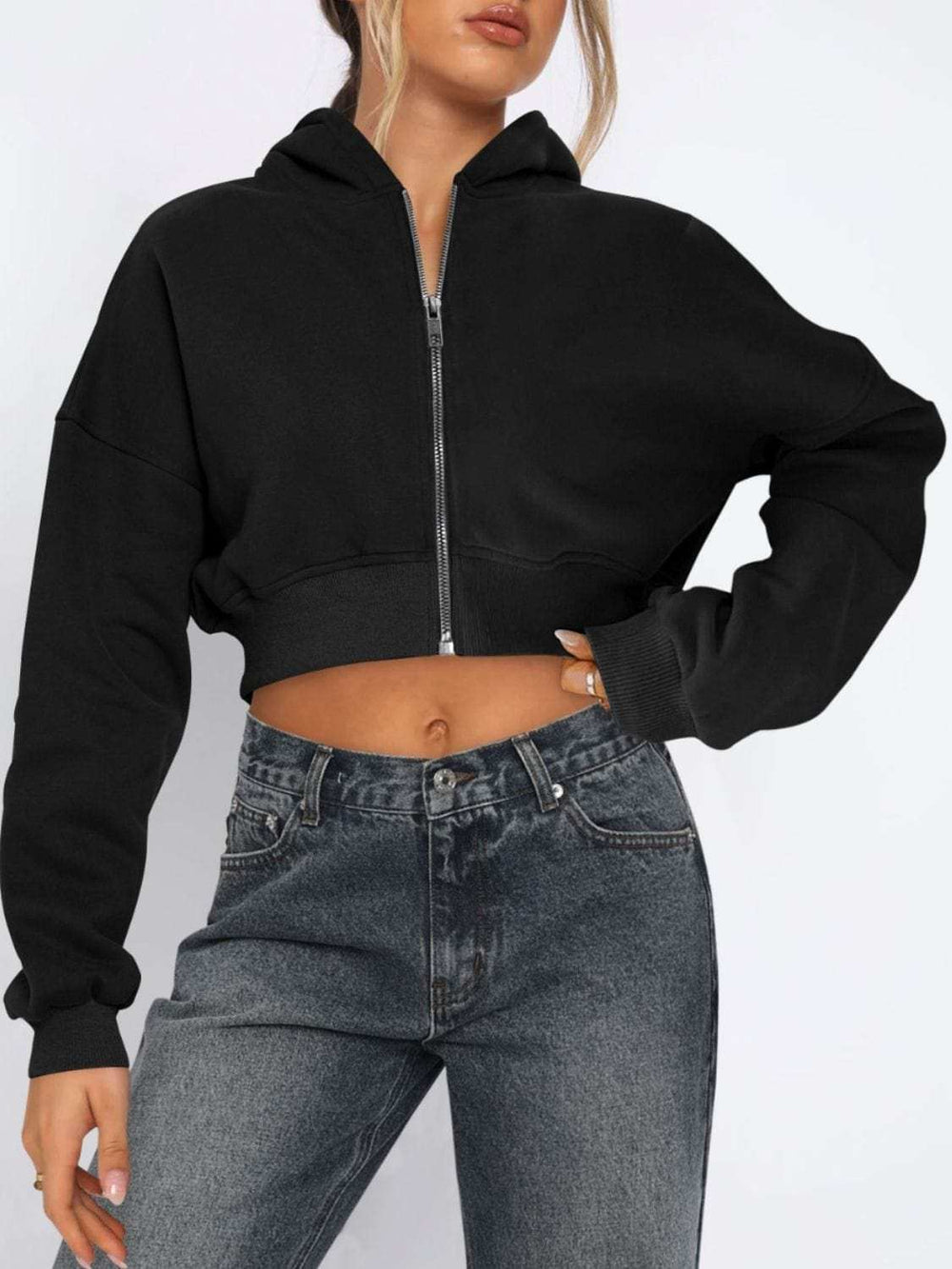 Zip Up Long Sleeve Hooded Cropped Jacket - Trendsi - Flyclothing LLC