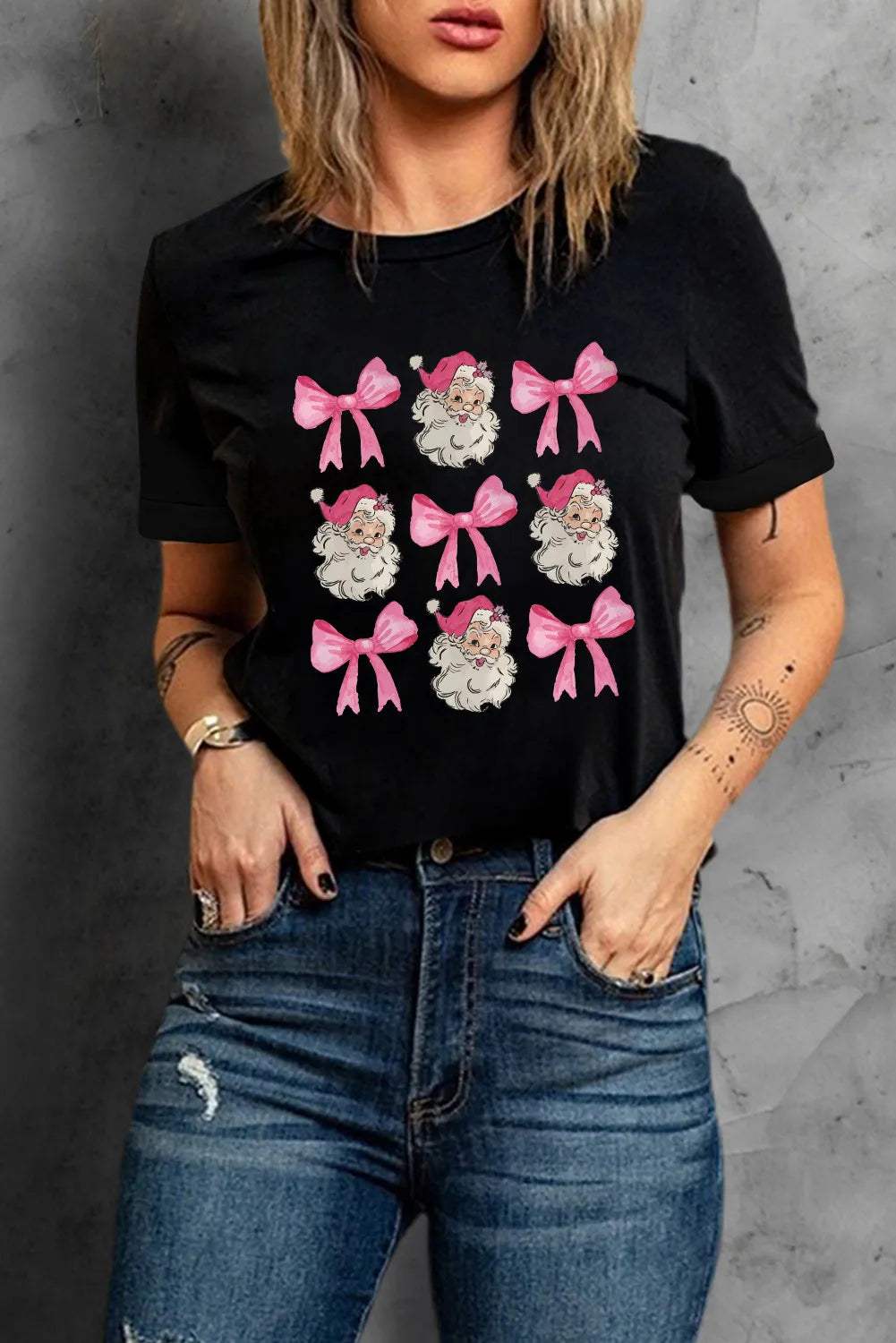 Santa & Bow Graphic Round Neck Short Sleeve T-Shirt - Trendsi - Flyclothing LLC