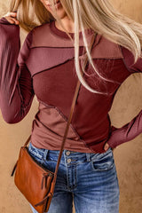 Exposed Seam Contrast Round Neck Long Sleeve T-Shirt - Trendsi - Flyclothing LLC