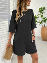 Backless Textured Round Neck Half Sleeve Romper - Trendsi - Flyclothing LLC