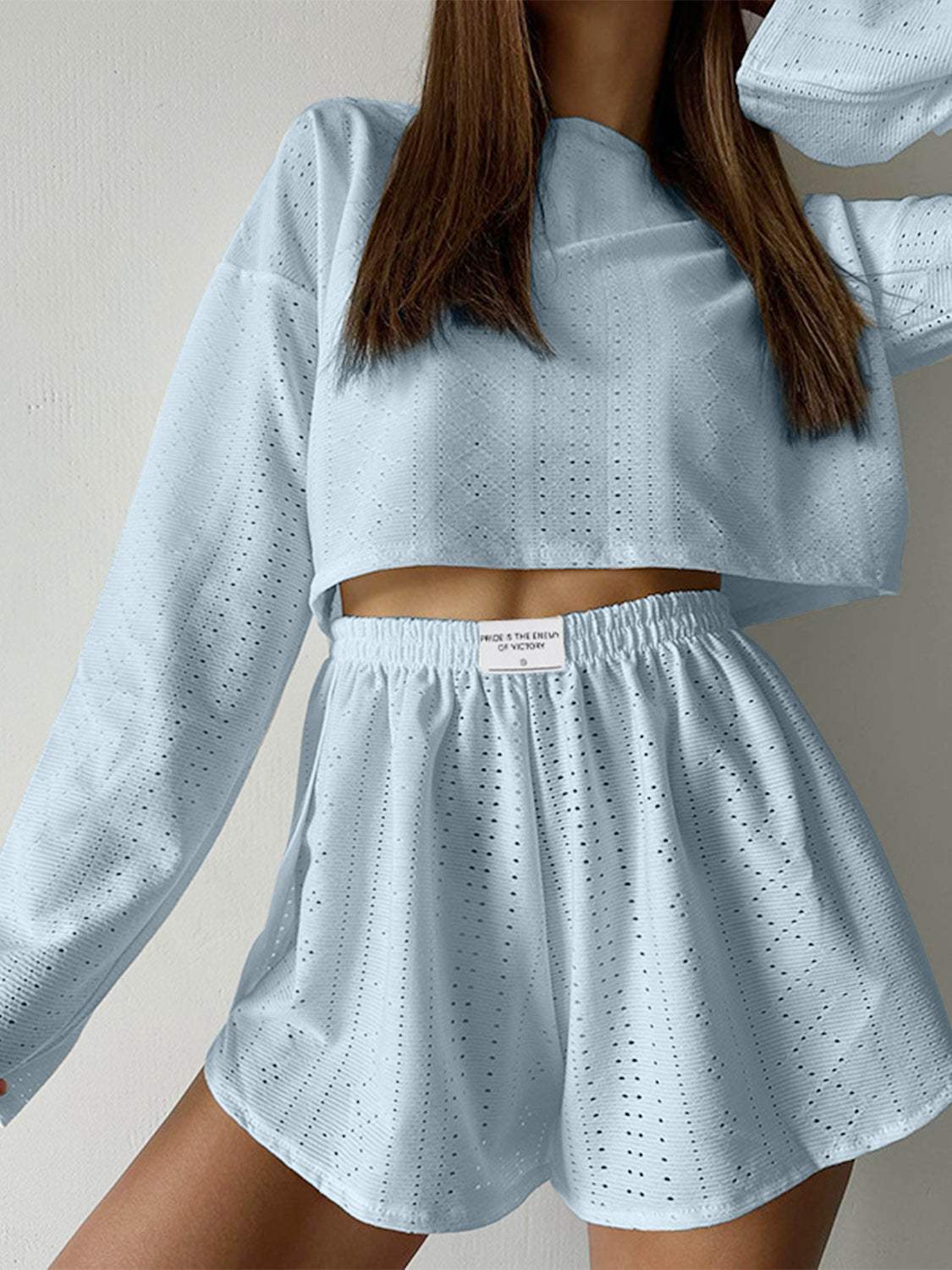 Eyelet Round Neck Top and Shorts Set - Trendsi - Flyclothing LLC