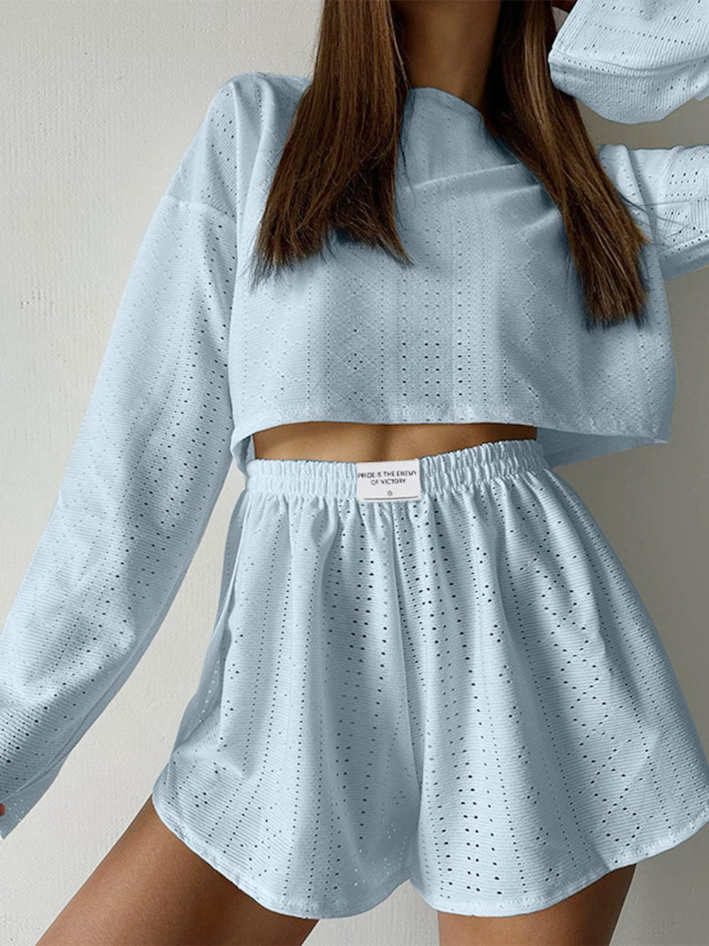 Eyelet Round Neck Top and Shorts Set - Trendsi
