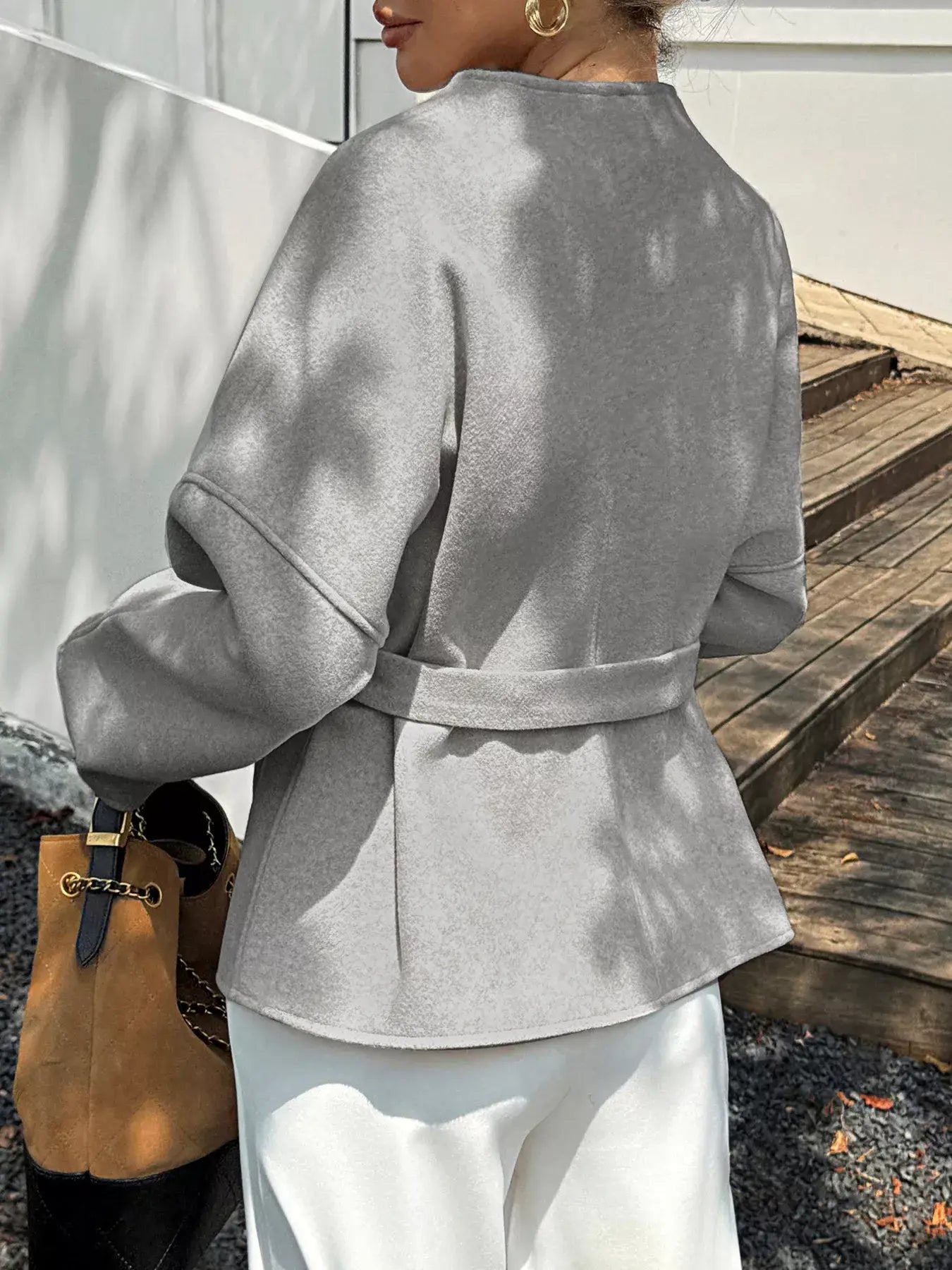 Surplice Dropped Shoulder Tie Belt Outerwear - Trendsi - Flyclothing LLC