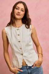 SO ME Scalloped Edge Cotton Twill Washed Vest Top - Trendsi - Flyclothing LLC