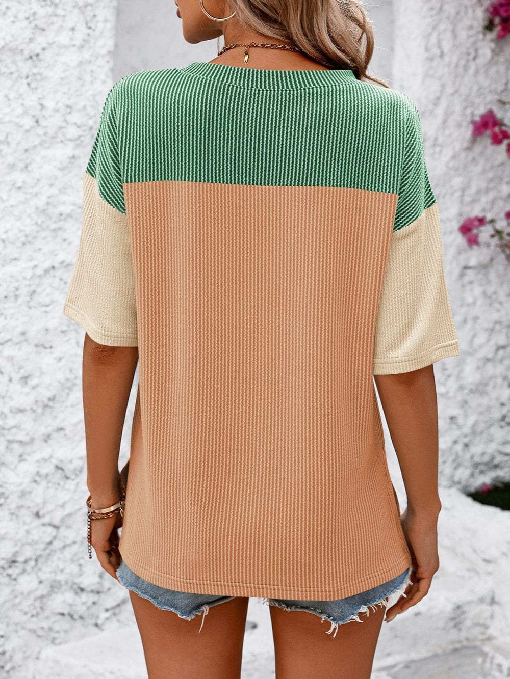 Color Block Round Neck Half Sleeve T-Shirt - Trendsi - Flyclothing LLC
